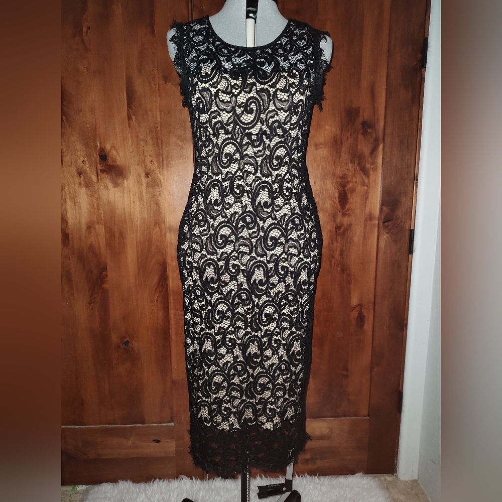 Large Black Love Fast Live Hard Lace dress with nude underlay